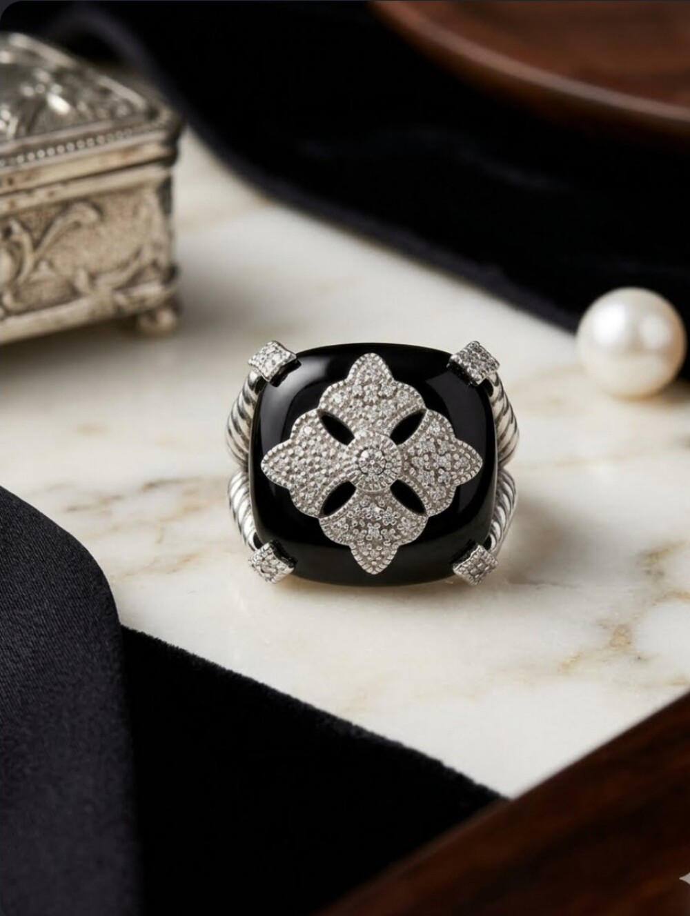 Sterling Silver Black Onyx Diamond Ring NWT